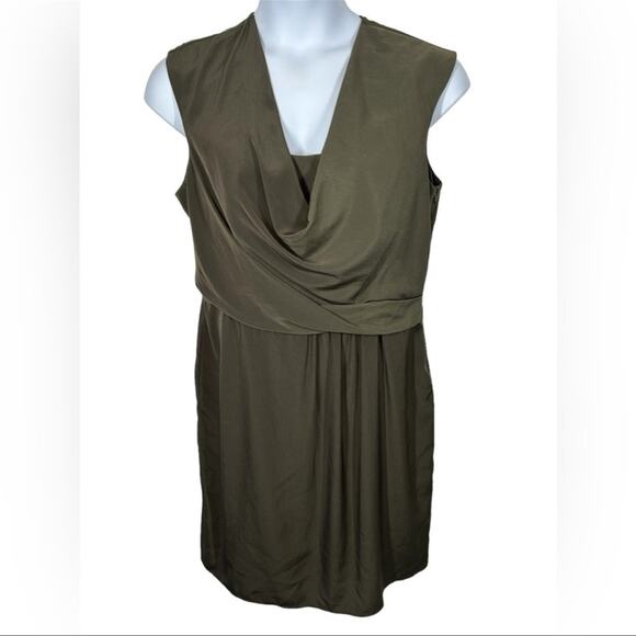 Adrianna Papell Olive Drape Neck Faux Wrap Sleeveless Midi Dress 16 - Picture 2 of 12